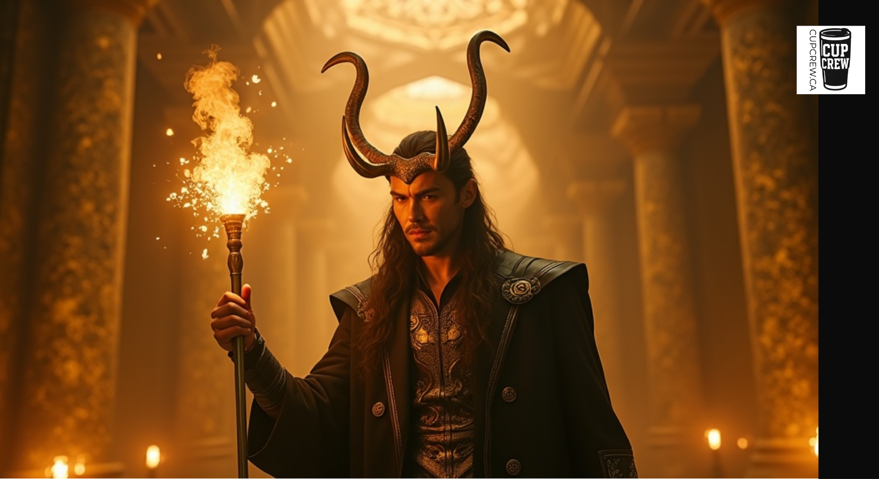 A man in a dark, ornate costume with large horns holds a flaming torch in a dimly lit, ornate hallway.