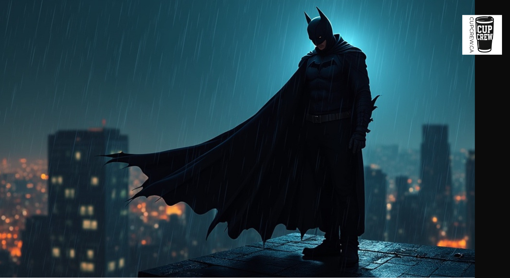 Batman standing on a rooftop at night, wearing his iconic black costume with a cape, with a city skyline in the background.
