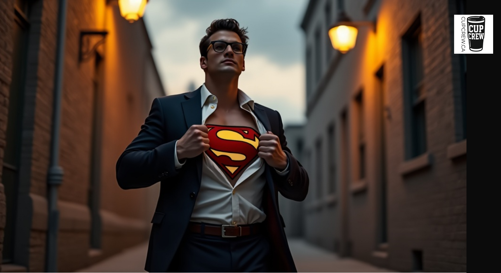 A man in a suit stands in a narrow alleyway, wearing a Superman costume and holding up his shirt, with a serious expression on his face.