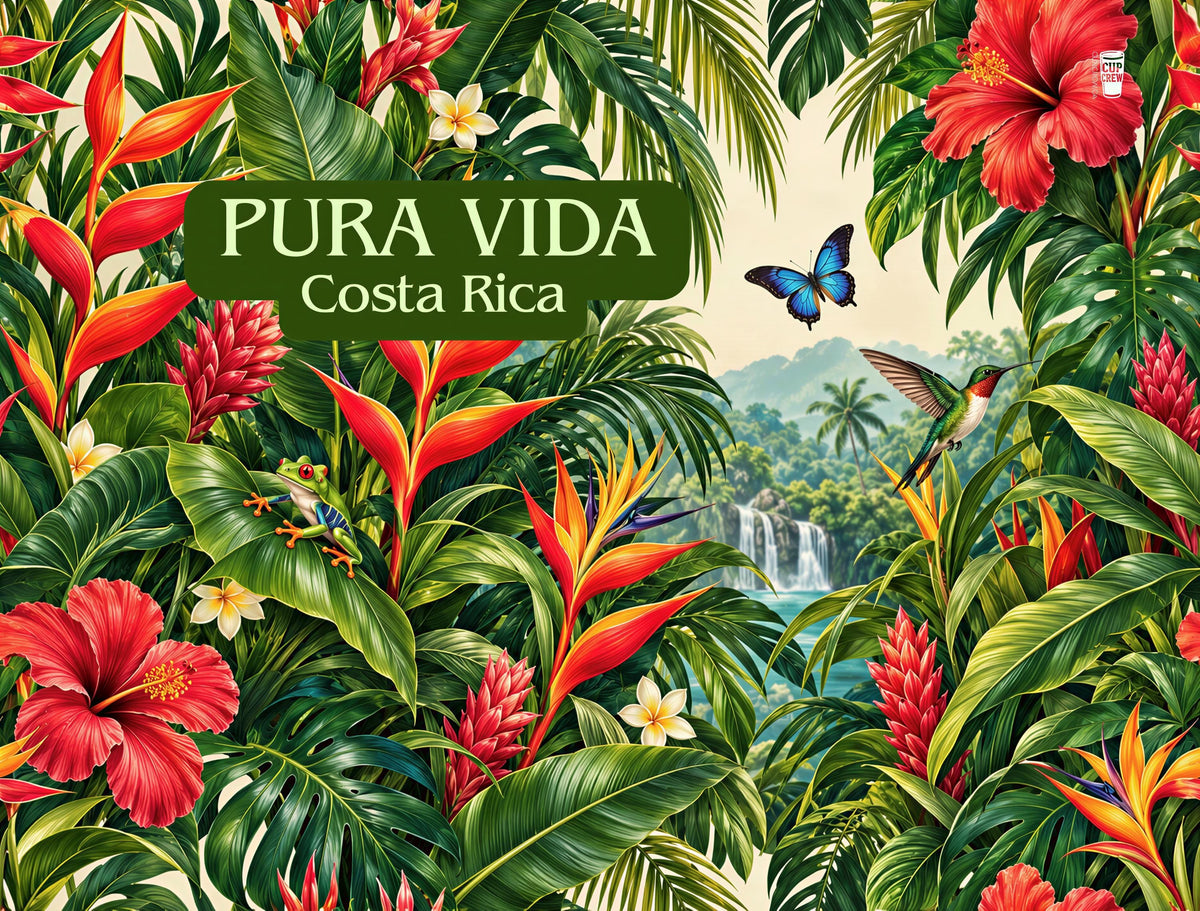 The image is a vibrant and lush tropical scene featuring a variety of colorful flowers, leaves, and tropical birds.