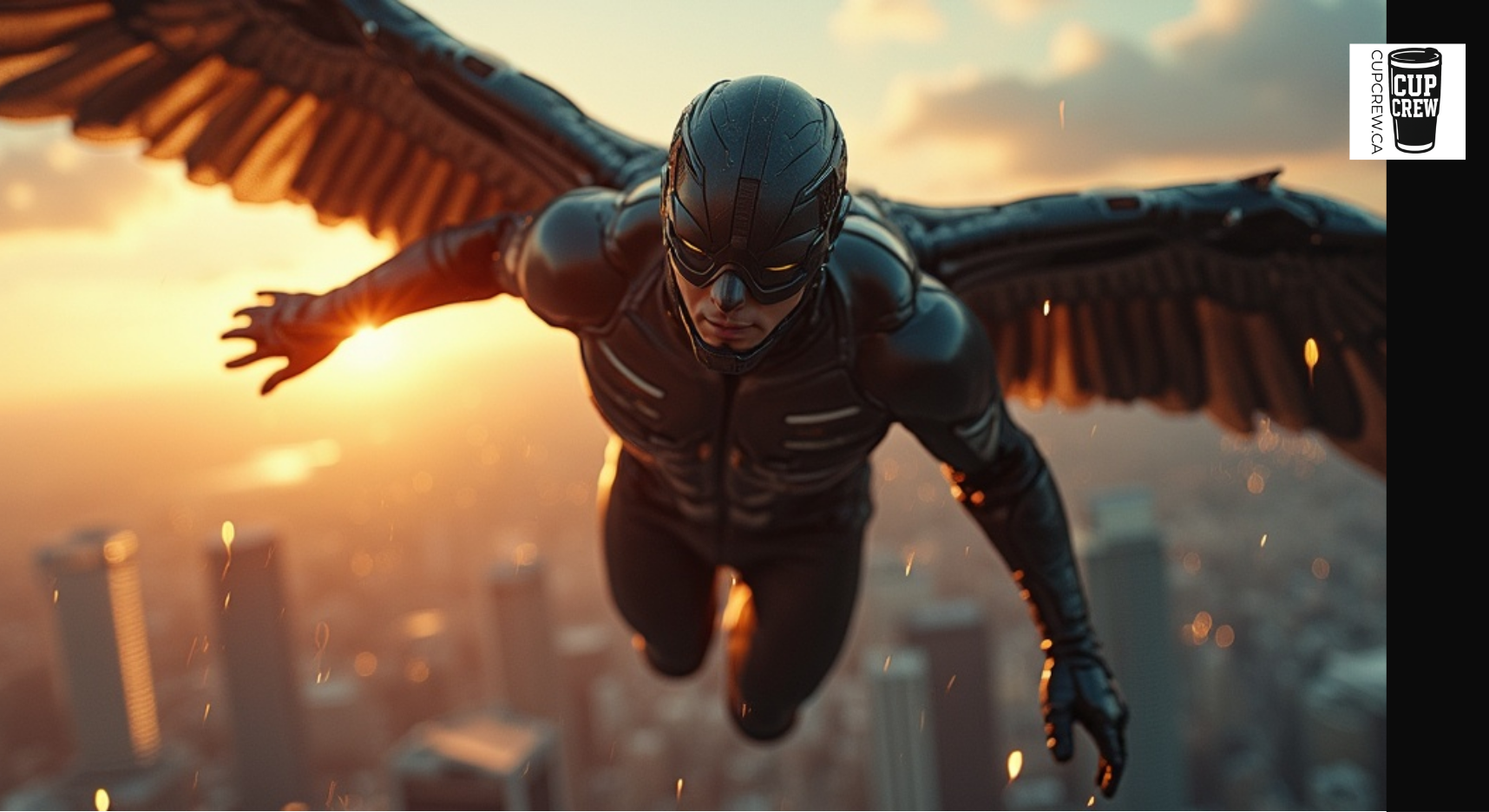 A superhero in a black suit and mask is flying through the air with outstretched wings, against a backdrop of a city skyline at sunset.