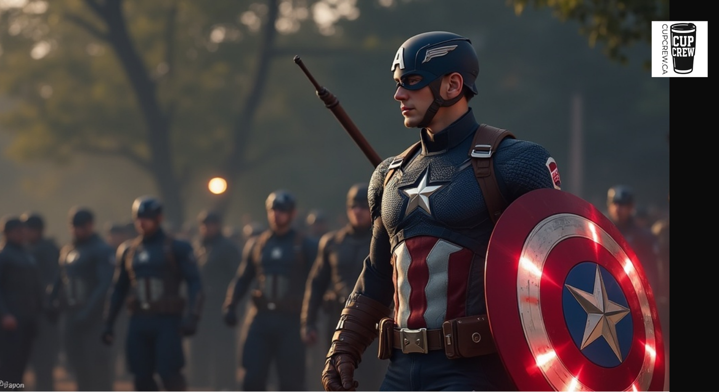 A person dressed as Captain America, wearing a blue and red suit with a star emblem, is standing in a group of other people in a park-like setting.