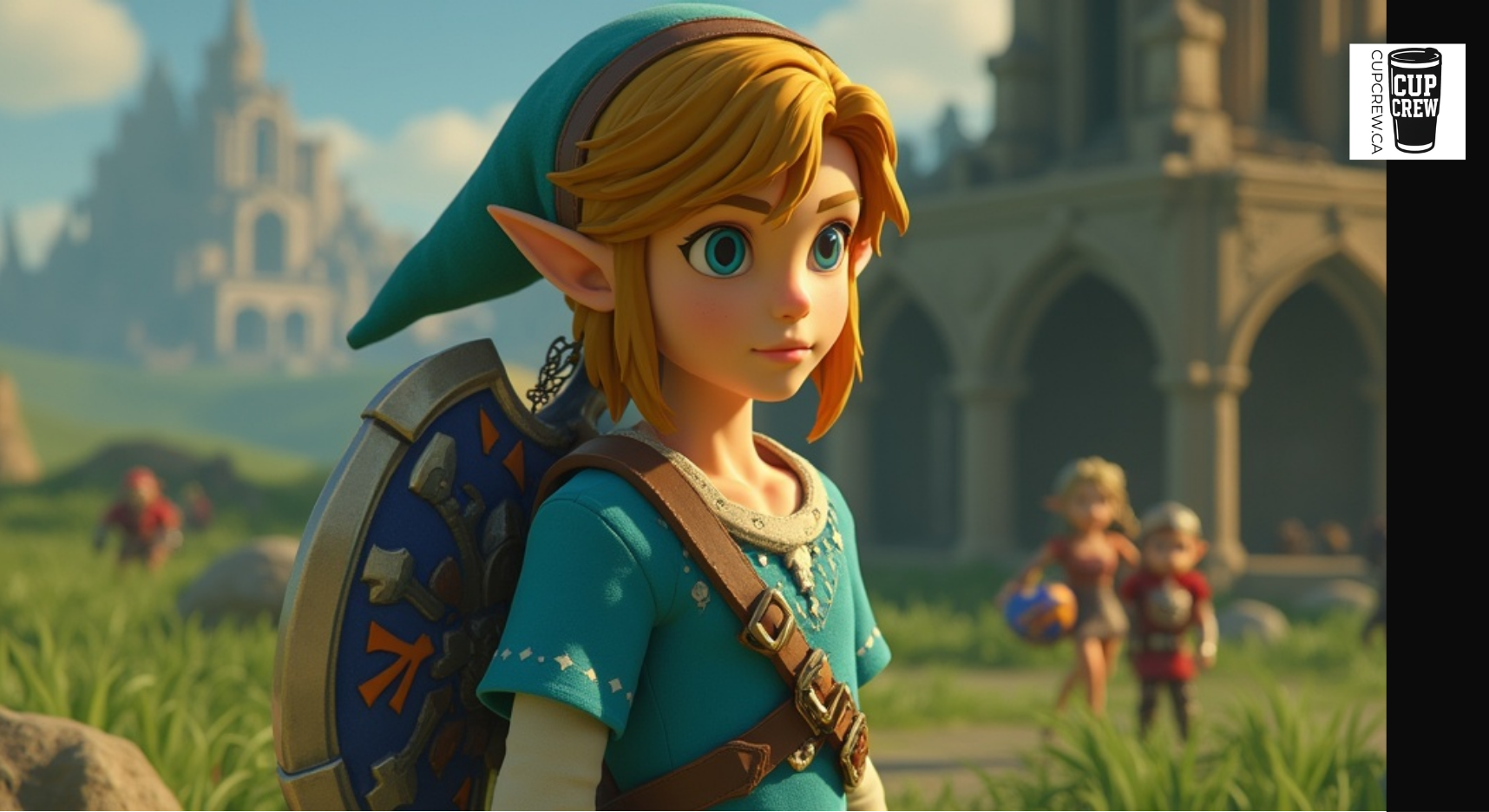 A close-up of a character from the video game "The Legend of Zelda: Twilight Princess", wearing a blue tunic and a green hat, standing in a grassy field with a castle in the background.