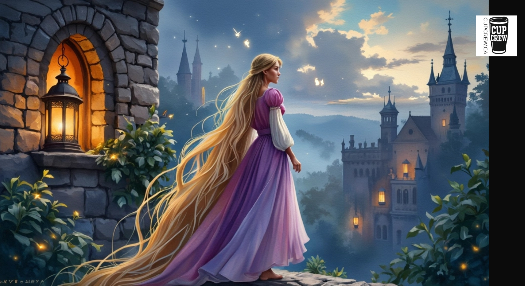 A woman in a long purple dress stands in front of a castle, with a castle visible in the background. The sky is filled with stars, and the scene is illuminated by a warm glow from a lantern.