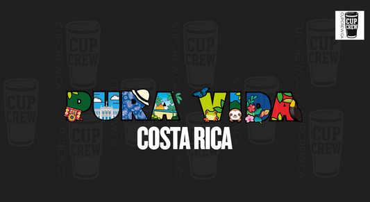 The image is a collage of various colorful illustrations representing different aspects of Costa Rica, including landmarks, animals, and natural elements. The text "PURA VIDA" is prominently displayed in the center, and "COSTA RICA" is written below it.