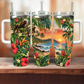 A set of three colorful tumblers with tropical designs, including palm trees, flowers, and a sunset.