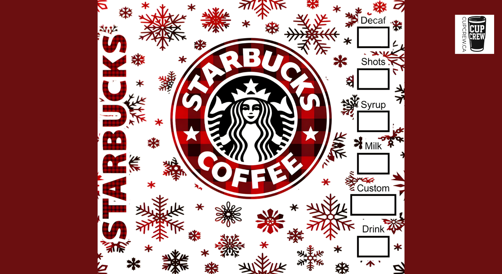 The image is a Starbucks coffee cup design featuring the iconic Starbucks logo, a woman's face, and snowflakes. The design has a red and white color scheme with the Starbucks name prominently displayed.