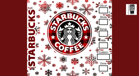 The image is a Starbucks coffee cup design featuring the iconic Starbucks logo, a woman's face, and snowflakes. The design has a red and white color scheme with the Starbucks name prominently displayed.