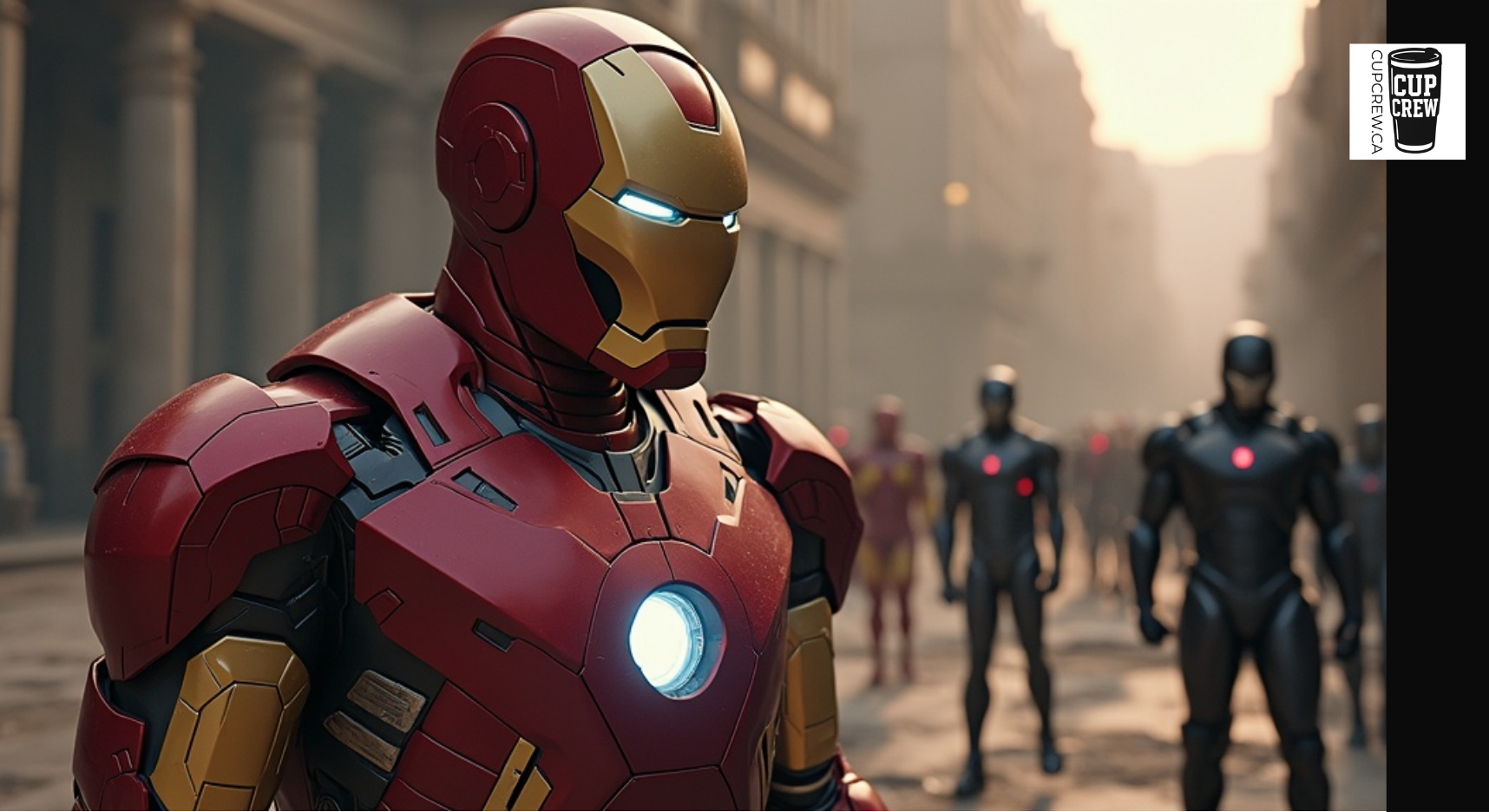 A close-up of a character in a red and gold suit, with a group of other characters in the background.