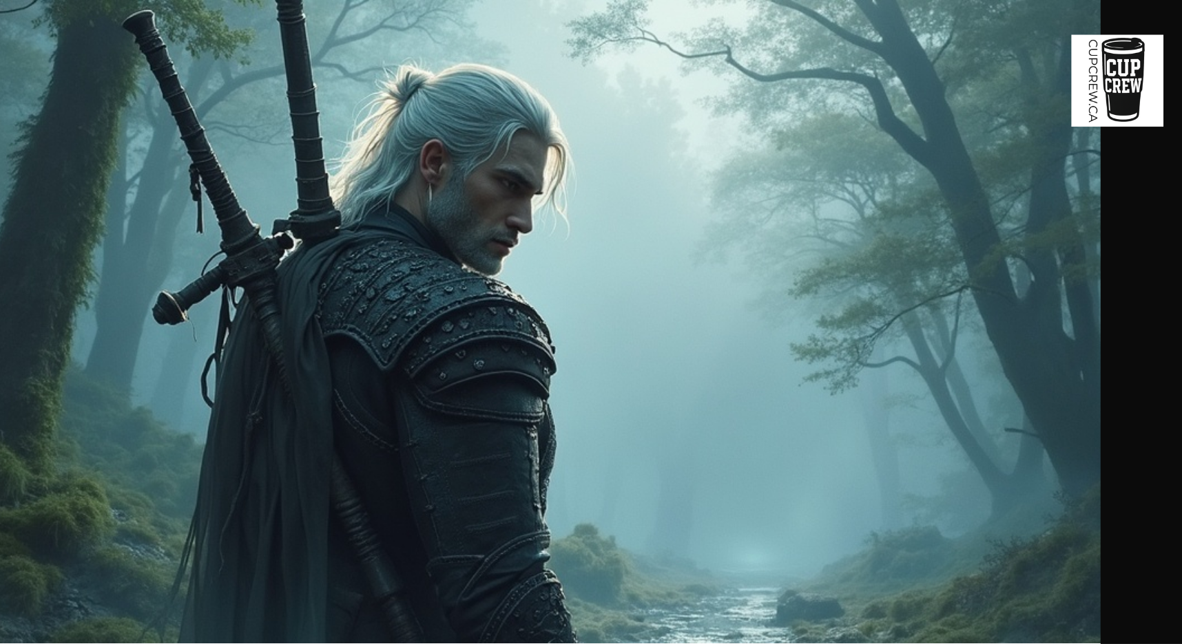 A man with long hair and a serious expression stands in a misty forest, holding a sword on his back.