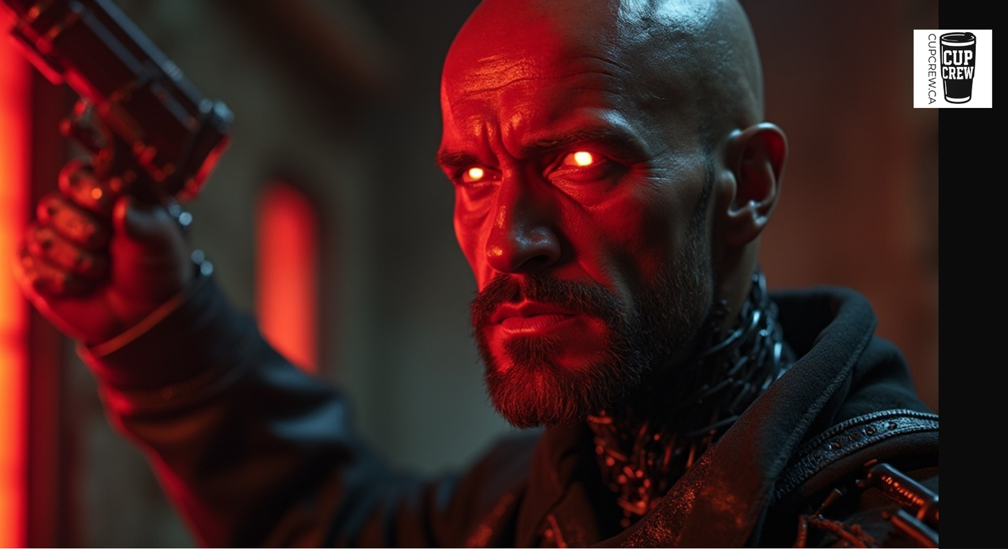 A close-up shot of a man with a serious expression, holding a gun and wearing a dark outfit, with a red glow illuminating his face.