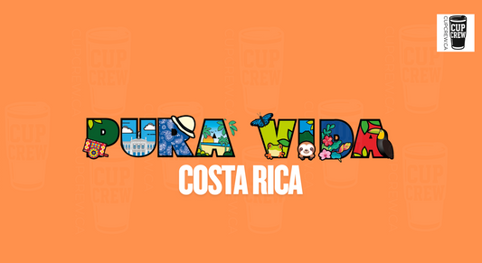 The image is a vibrant and colorful representation of the word "Pura Vida" in the country of Costa Rica, with various objects and symbols that are commonly associated with the region.