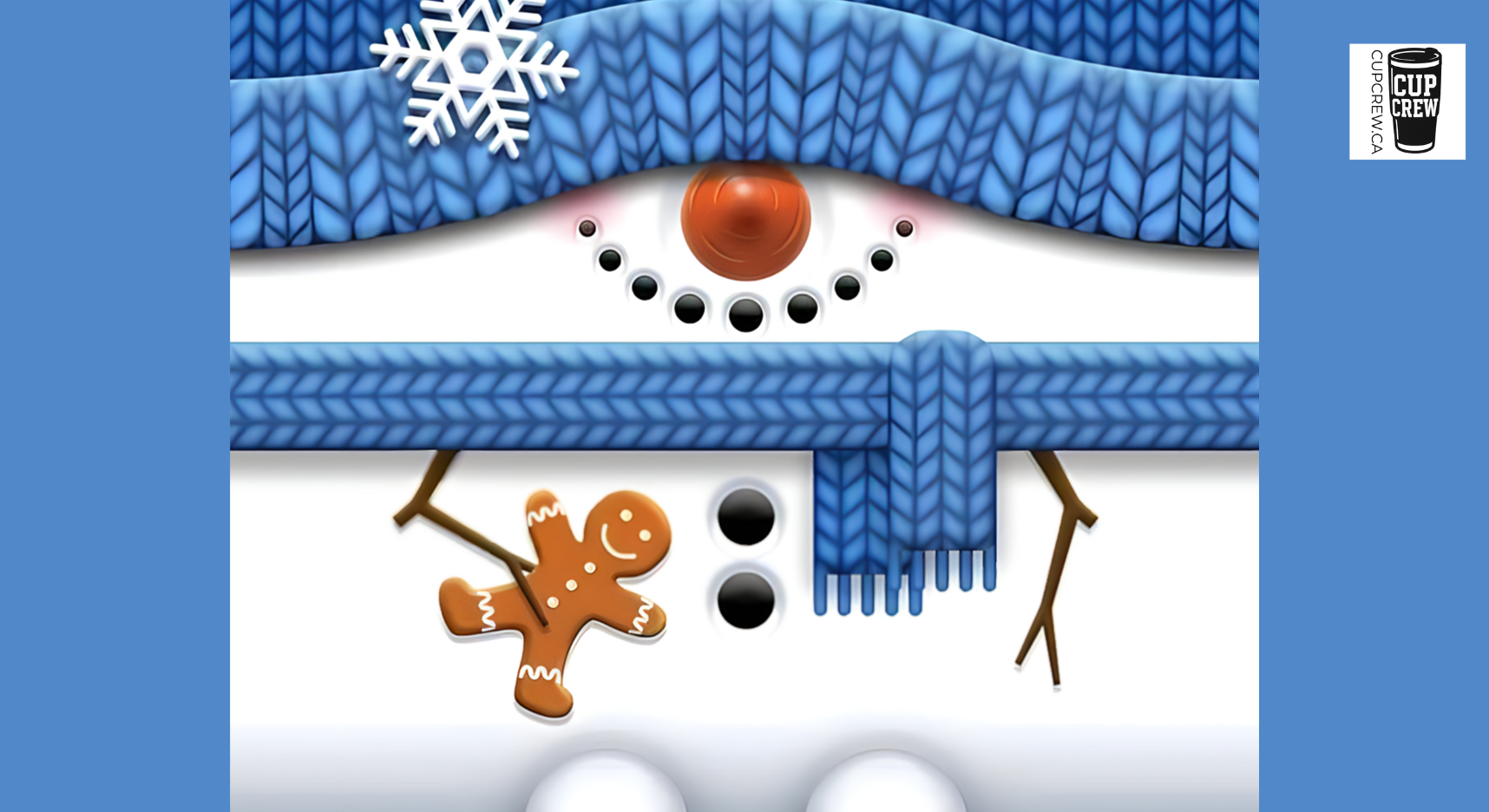 A snowman with a gingerbread man figure, wearing a blue scarf and hat, and a snowflake on its head.