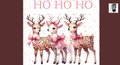 Three deer with pink bows on their backs, standing together against a snowy background with the text 
