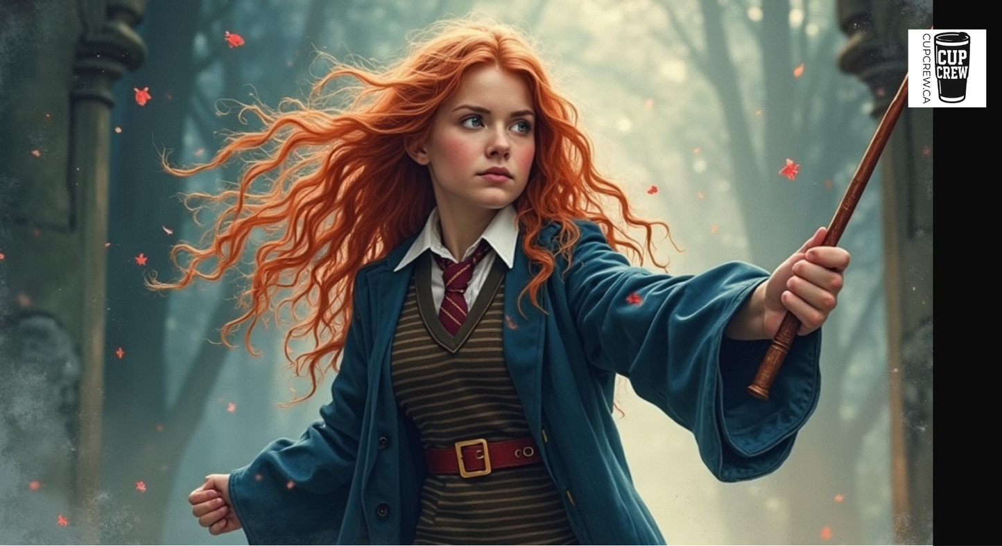 A woman with long, flowing red hair is depicted in a dramatic pose, holding a wand and looking off to the side with a serious expression.