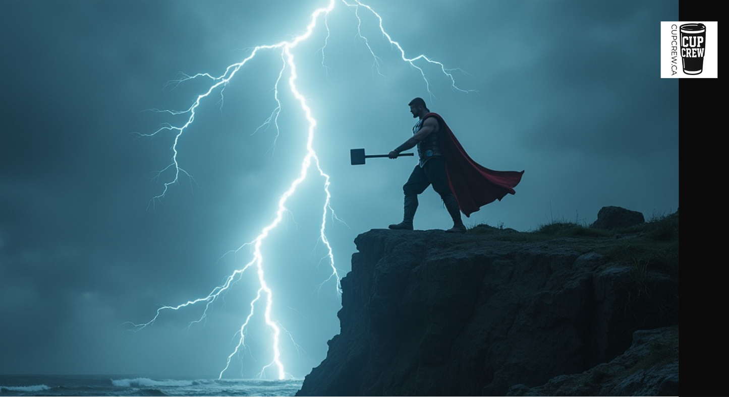A person in a red cape stands on a cliff, holding a hammer and facing a powerful lightning bolt striking the rocky cliff below.