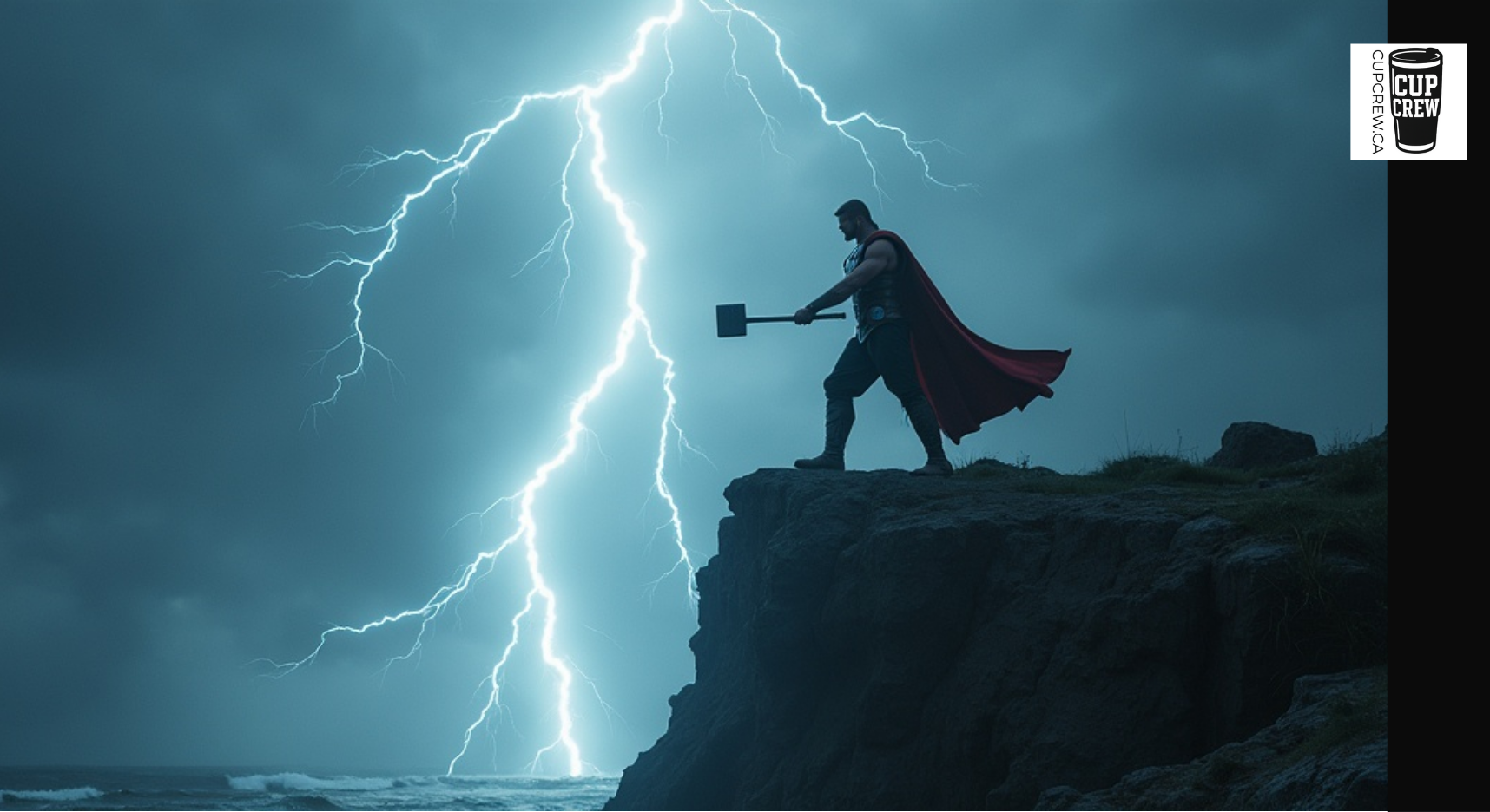 A person in a red cape stands on a cliff, holding a hammer and facing a powerful lightning bolt striking the rocky cliff below.