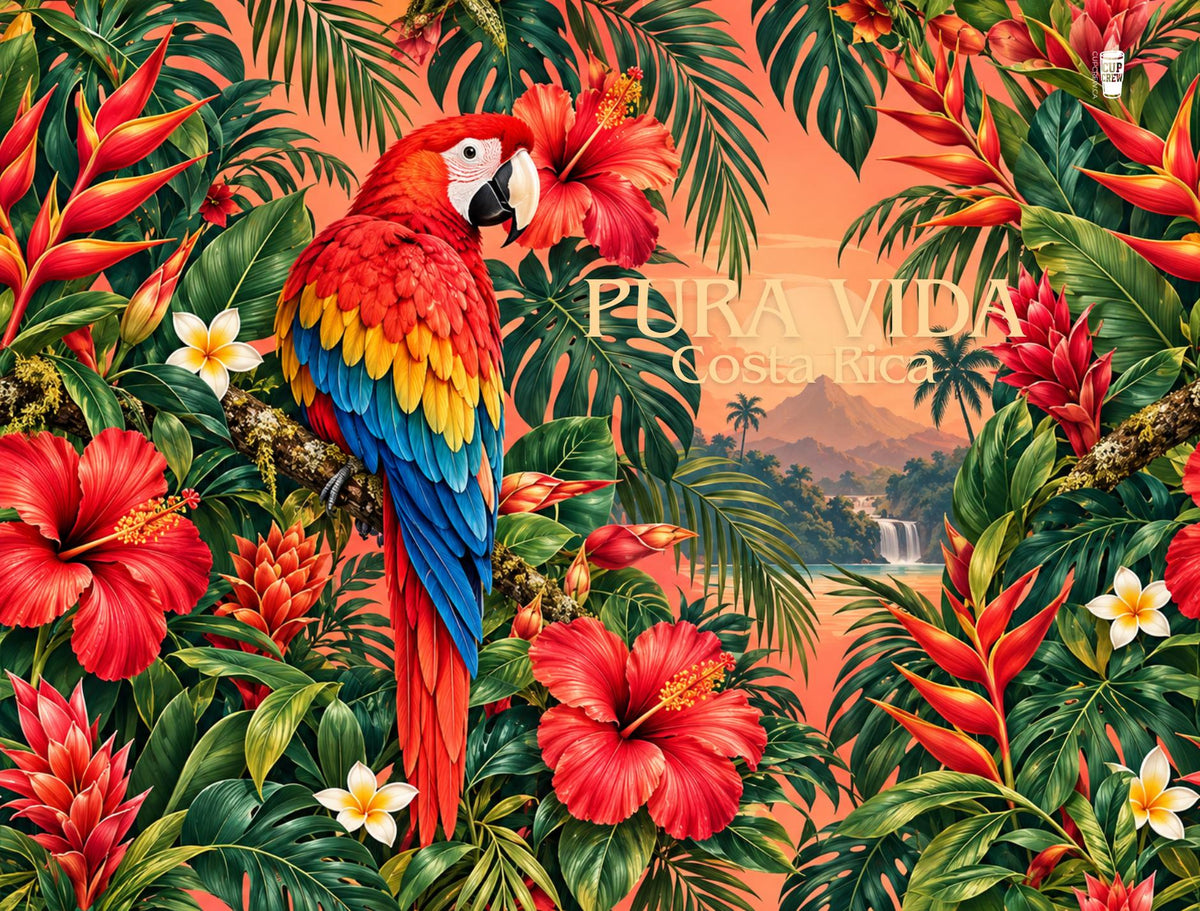 A vibrant parrot perches amidst tropical foliage, with a tropical waterfall and lush vegetation in the background.