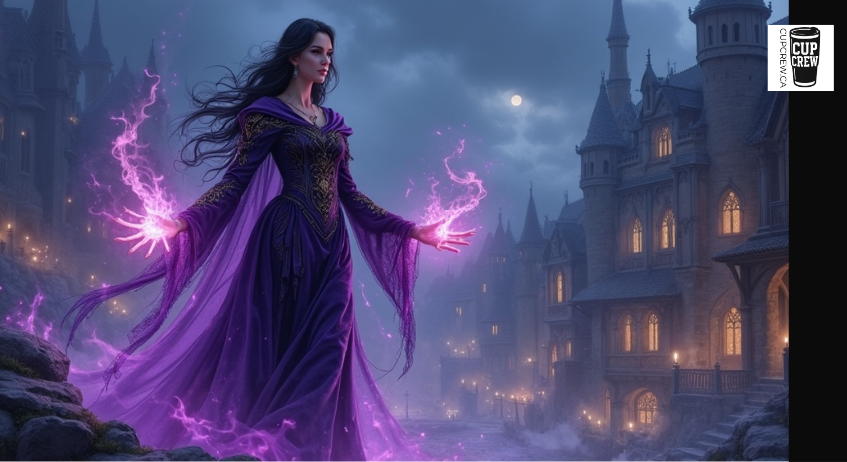 A woman in a purple dress with long hair stands in front of a castle, surrounded by glowing purple energy and a full moon.