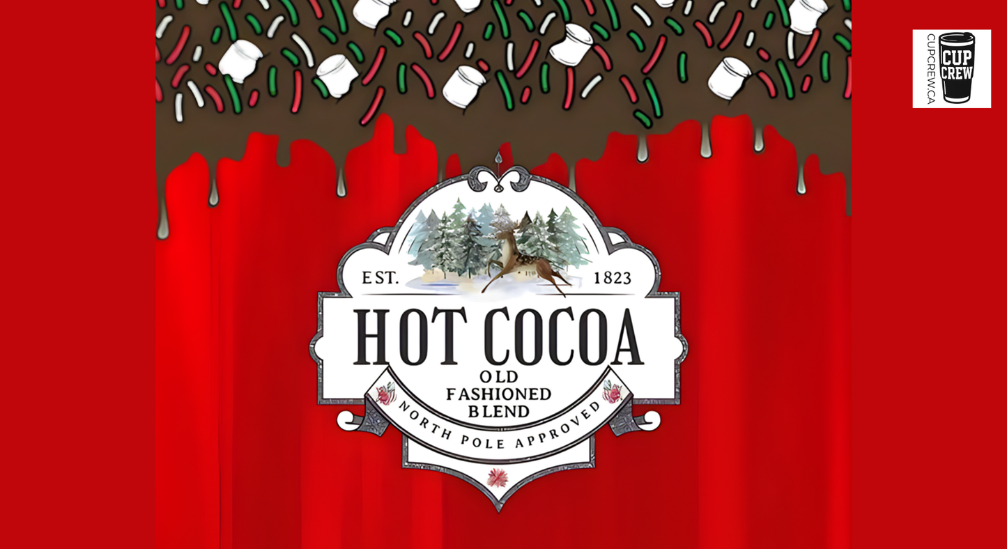 a red background with a white label that reads "HOT COCOA OLD FASHIONED BLEND NORTH P Pole Approved". The label is surrounded by a decorative border and has a snowman and reindeer illustration on it. The background also has a festive appearance with chocolate drizzles and sprinkles.