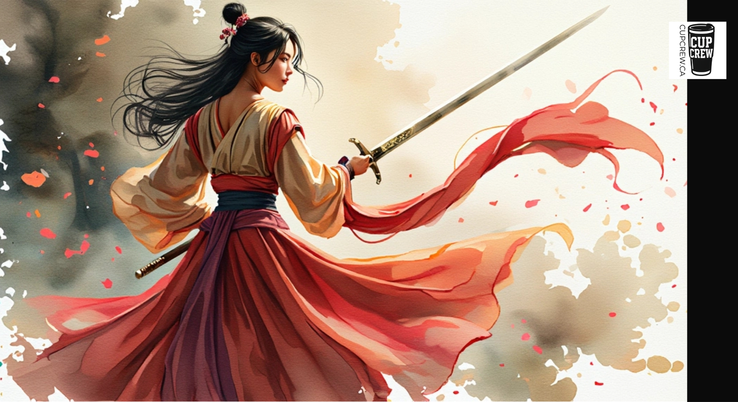 A woman in a flowing red dress wielding a sword stands amidst a swirling mist, with a dramatic expression on her face.