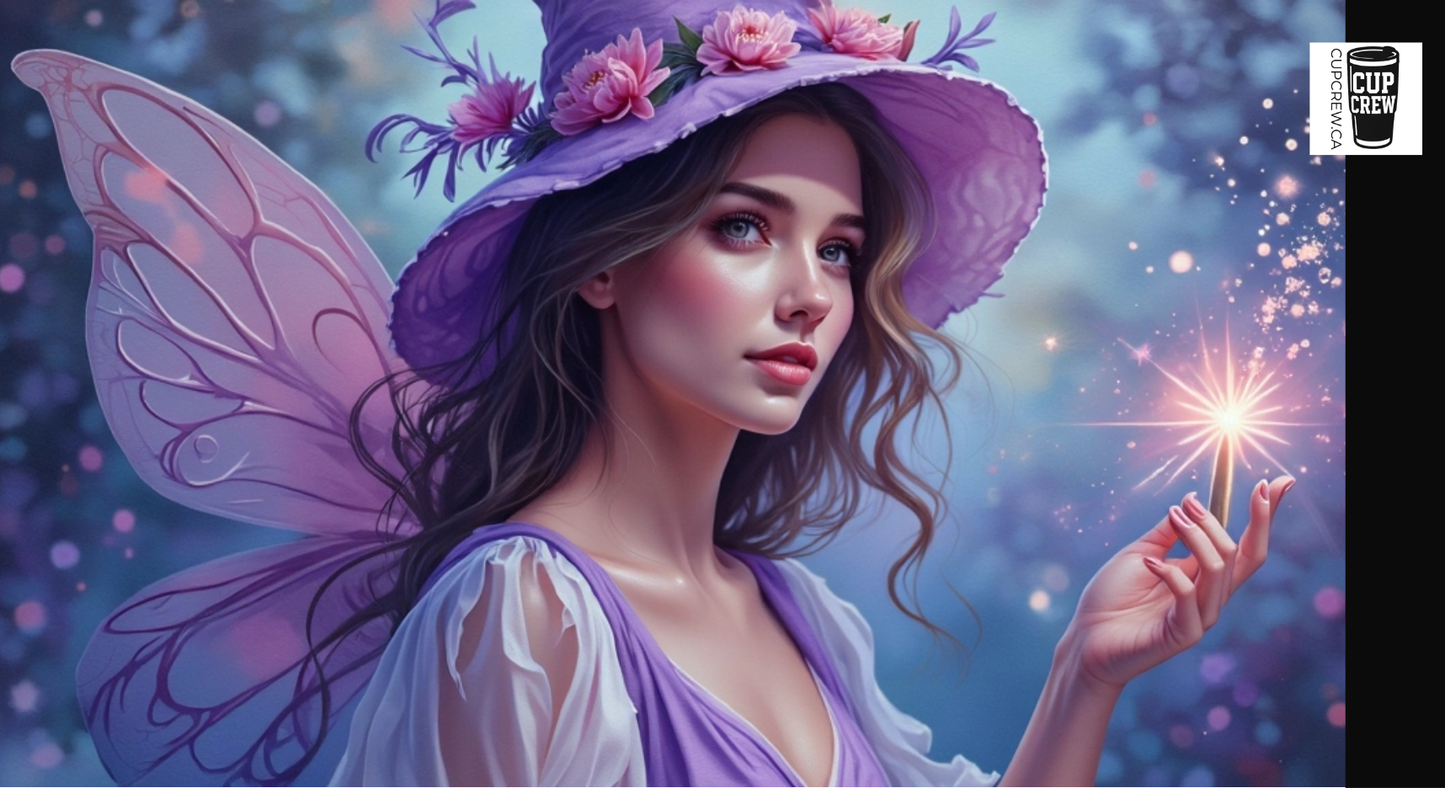 A woman with long hair and a purple hat holding a sparkly object, surrounded by a magical, fairy-like atmosphere.
