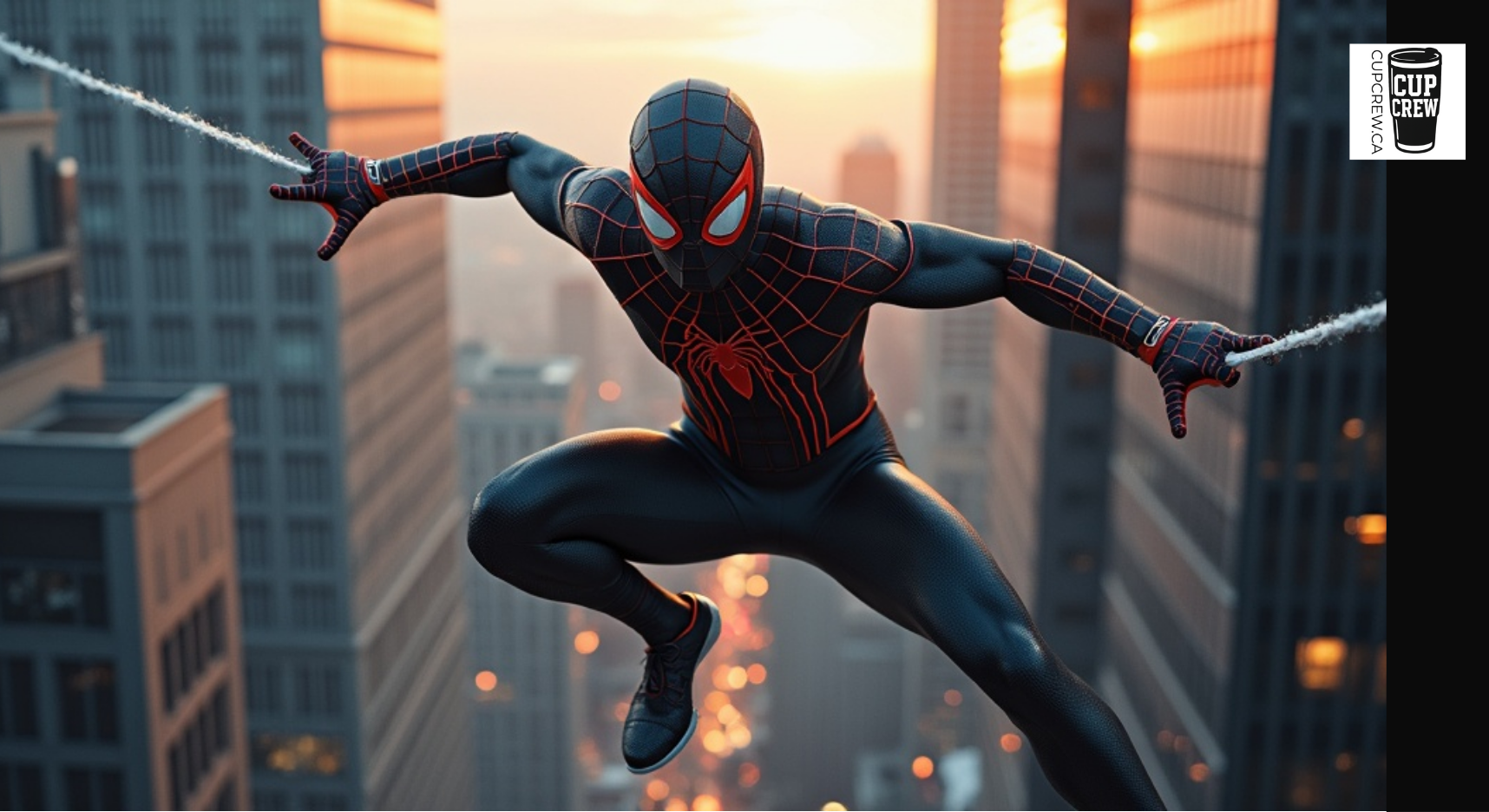 A close-up of a superhero character in a dynamic pose, wearing a black and red costume, with a cityscape in the background.