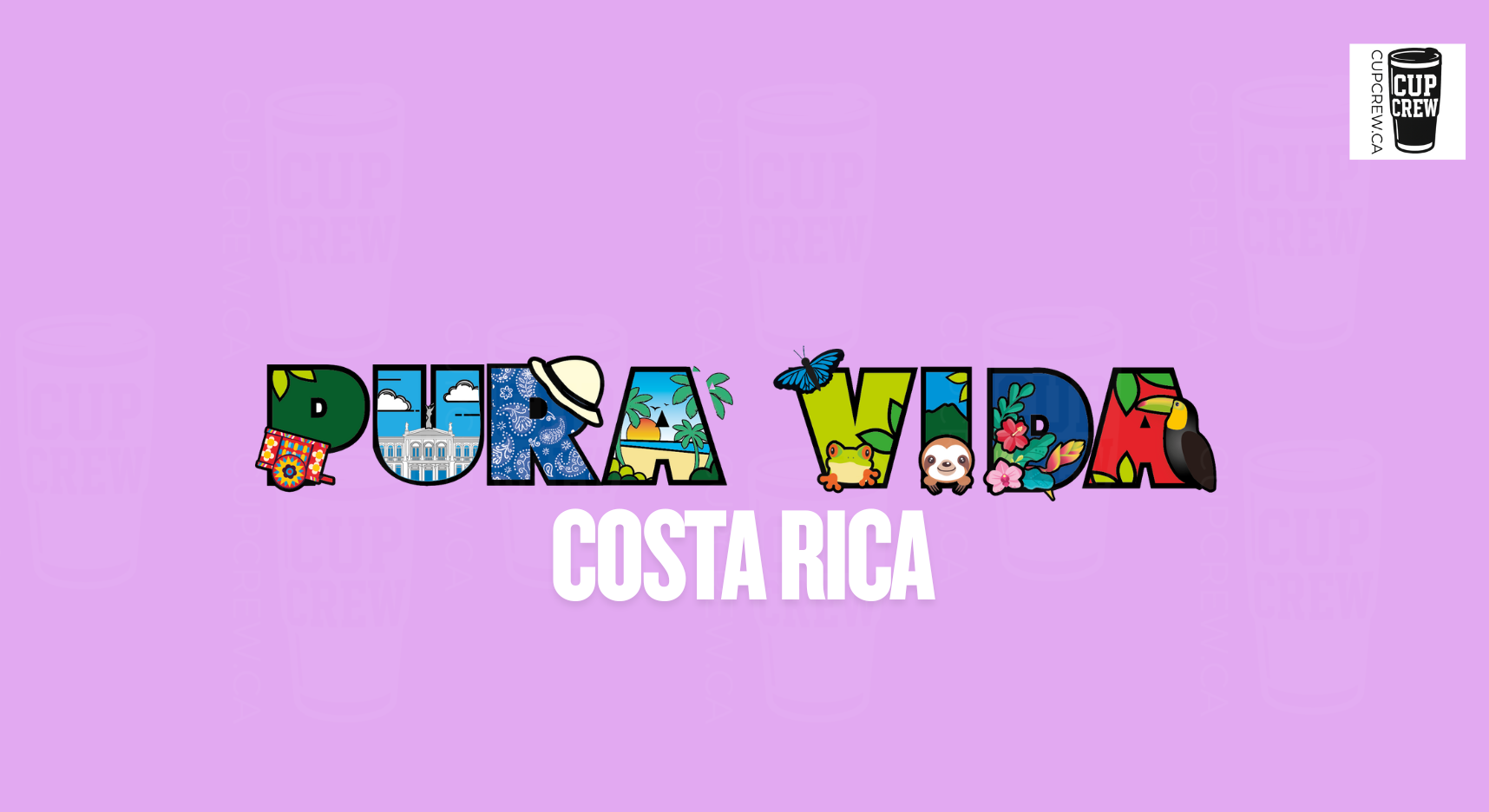 The image is a collage of various colorful illustrations representing different aspects of Costa Rica, arranged to spell out the word "PURA VIDA" in a visually appealing manner.