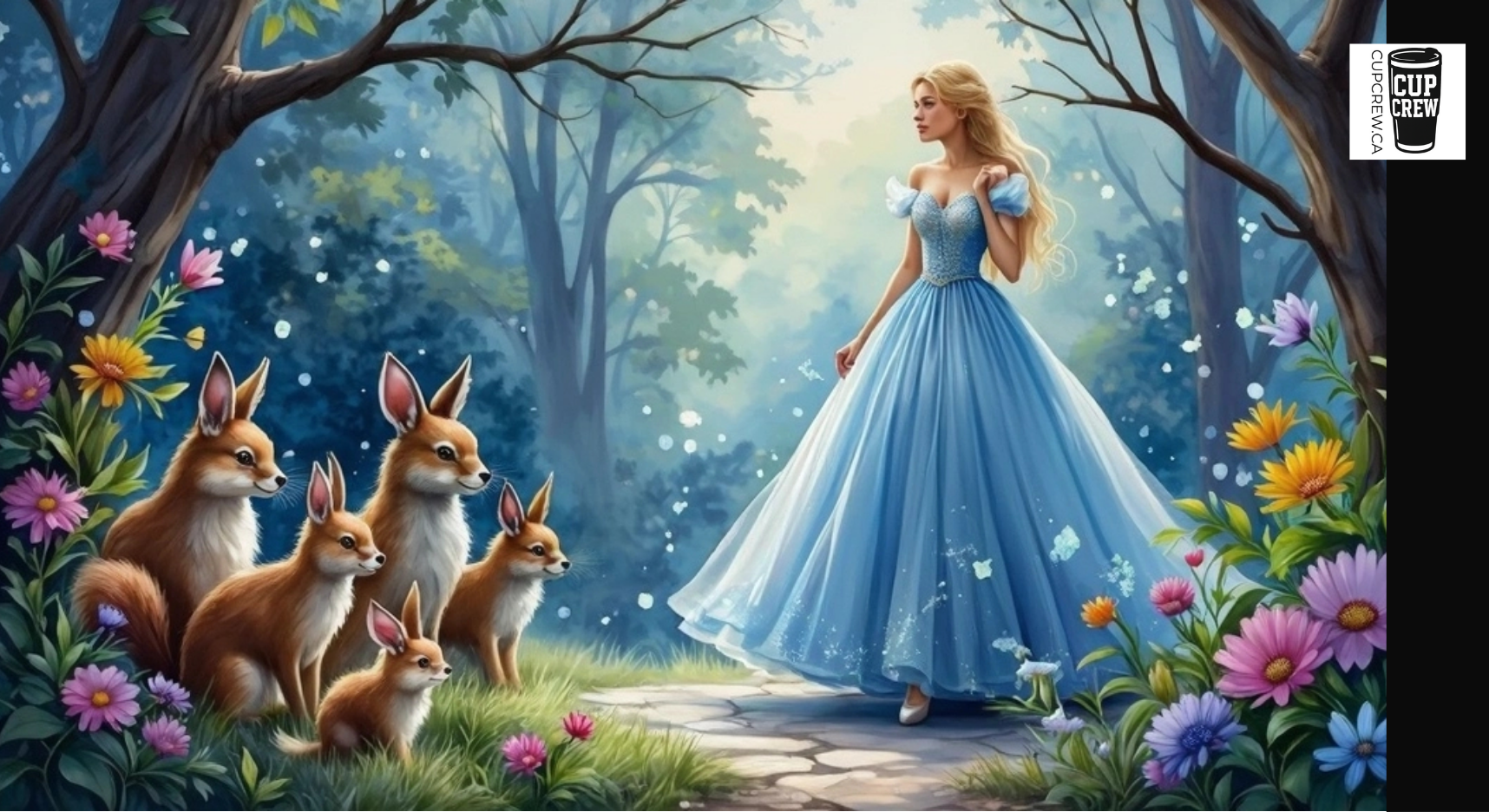 A woman in a blue dress stands in a lush forest, surrounded by a group of foxes and other woodland creatures.