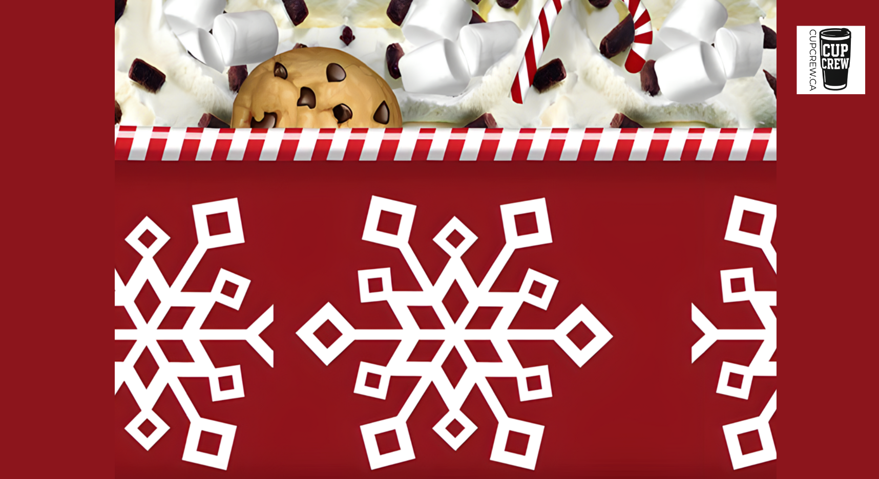 A festive image featuring a cookie, marshmallows, and snowflakes on a red background.