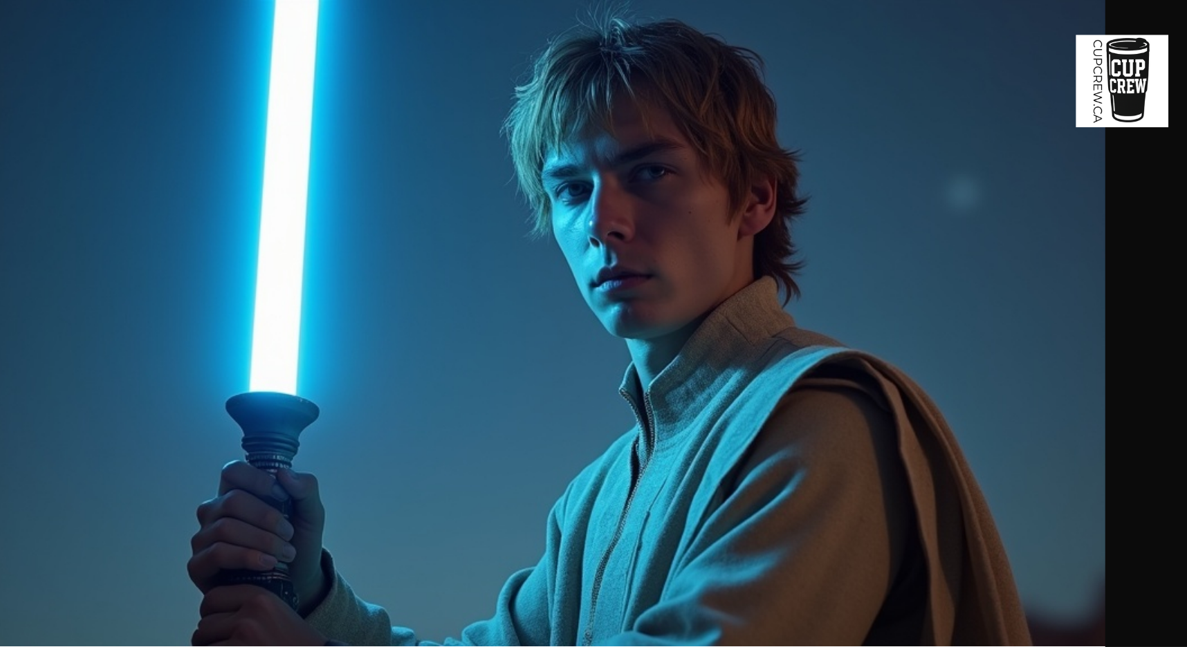 A young man with blonde hair is holding a blue light sword in a dramatic pose, with a serious expression on his face.
