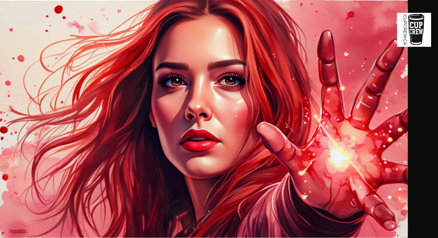 A close-up portrait of a woman with long, flowing red hair and striking red lips, her hand raised as if she is about to make a powerful gesture.