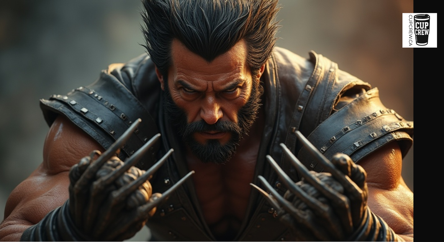 A close-up of a muscular man with a beard, wearing leather armor and wielding a pair of claws, with a serious expression on his face.