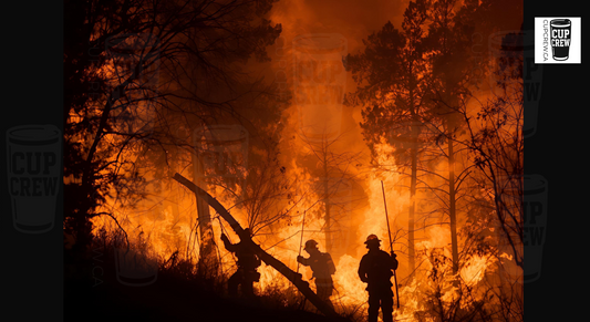 A group of firefighters are seen working to extinguish a large wildfire, with flames and smoke filling the surrounding area.
