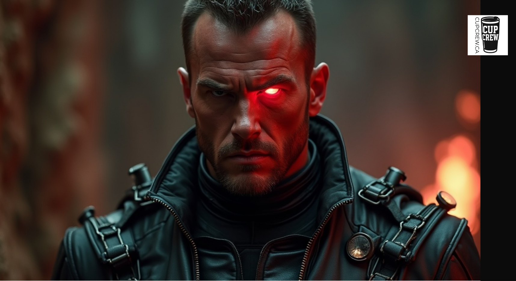 A close-up shot of a man with a serious expression, wearing a black leather jacket and looking directly at the camera.