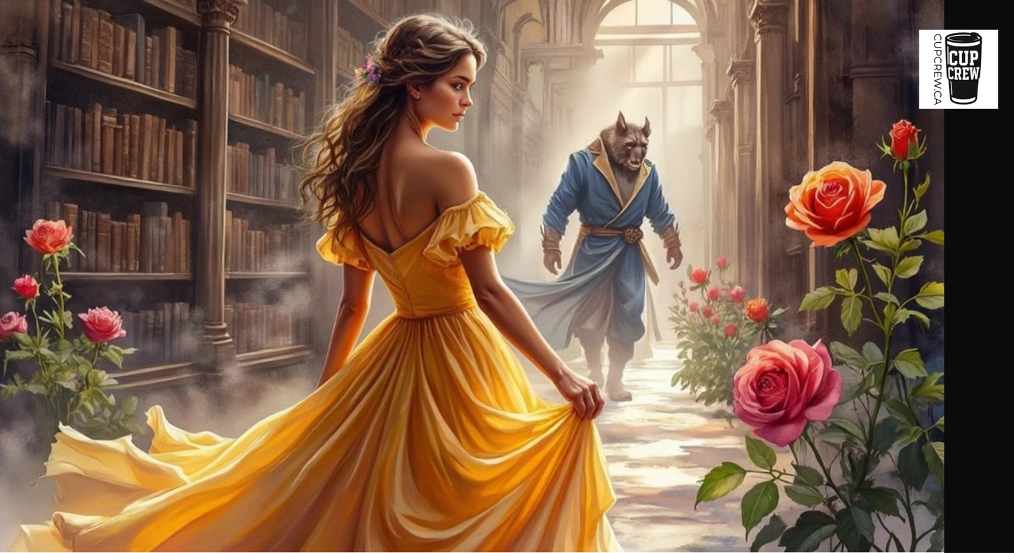A woman in a yellow dress is walking down a hallway with a wolf in a blue outfit behind her, surrounded by flowers and bookshelves.