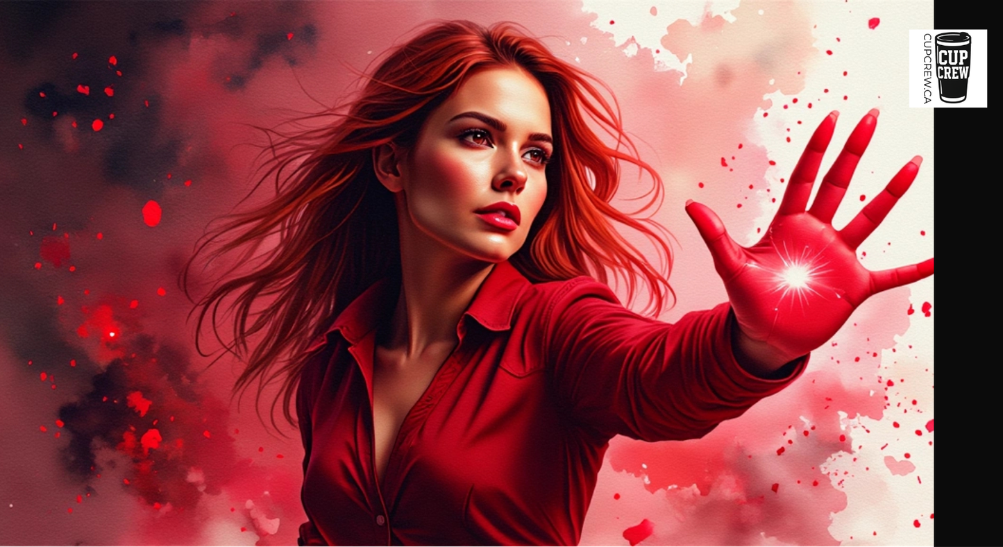 A woman with long red hair is shown in a dramatic pose, her hand raised as if she is stopping a powerful force. The background is a vibrant red color with splashes of color, creating a sense of intensity and urgency.