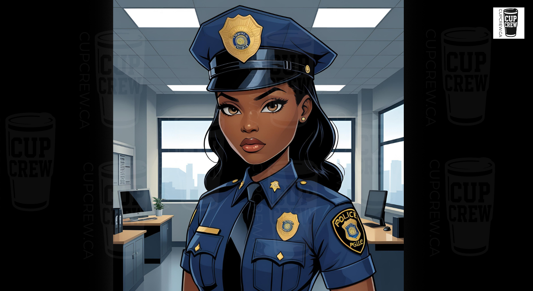 A female police officer in uniform stands in an office setting, with a cityscape visible through the window behind her.