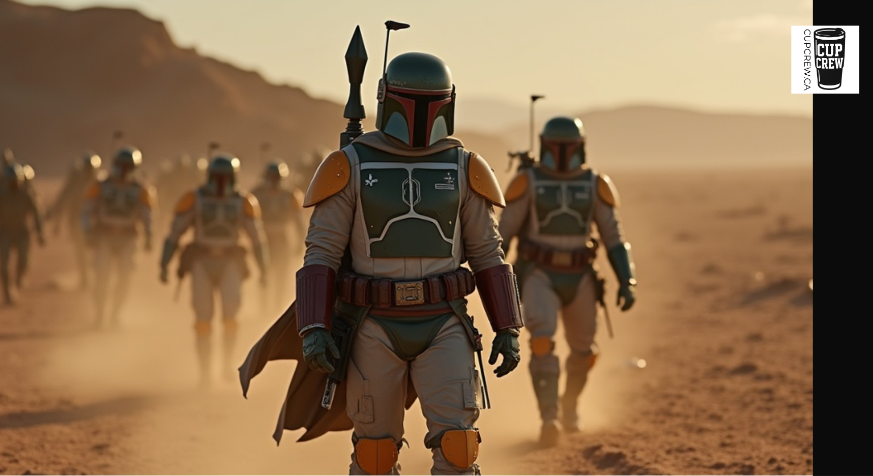 A group of people dressed in futuristic-looking armor walking through a desert landscape.
