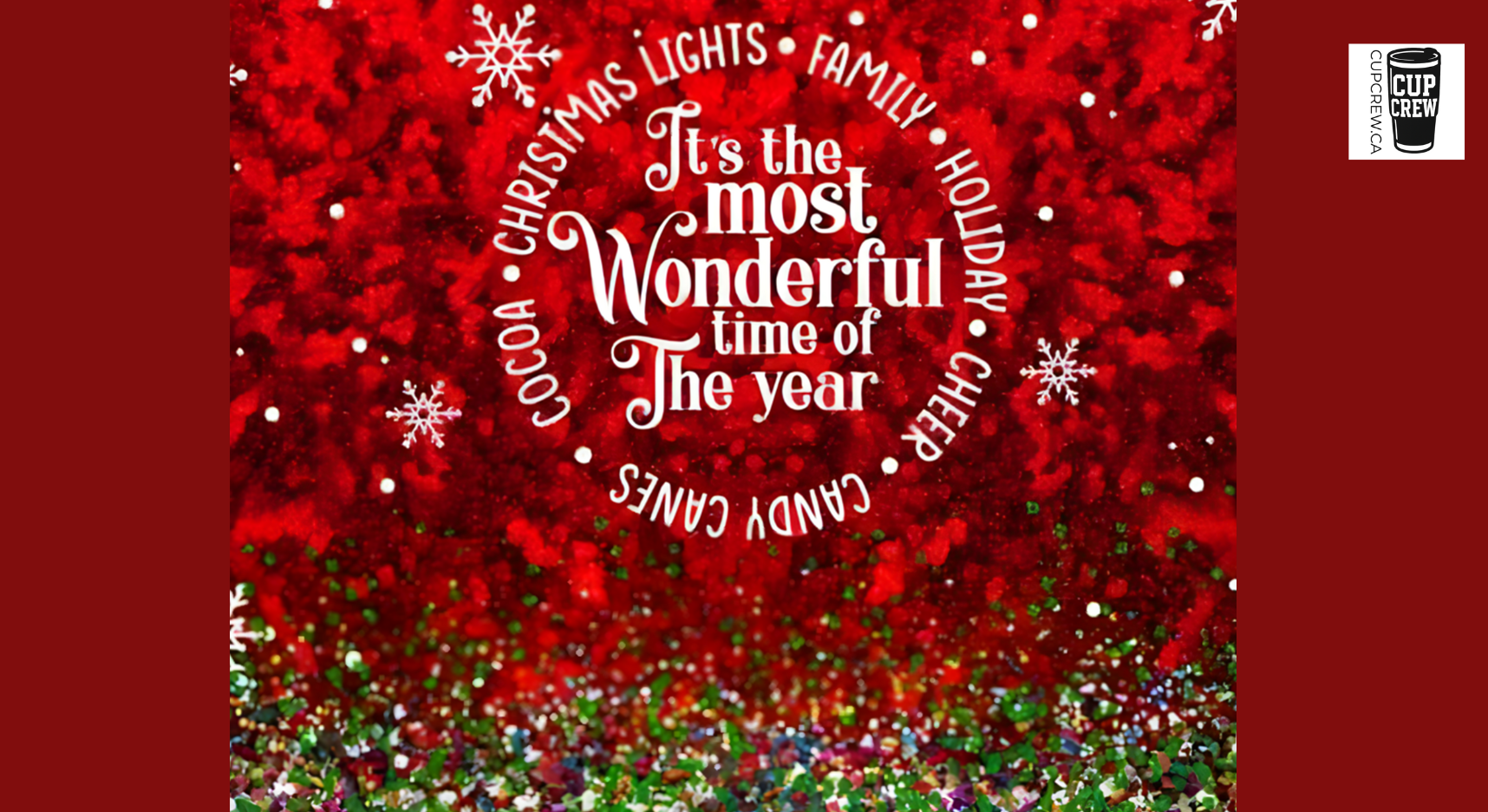 The image is a festive Christmas-themed collage with a red background and white text. The text reads "It's the most Wonderful time of The year" and is surrounded by snowflakes and confetti.