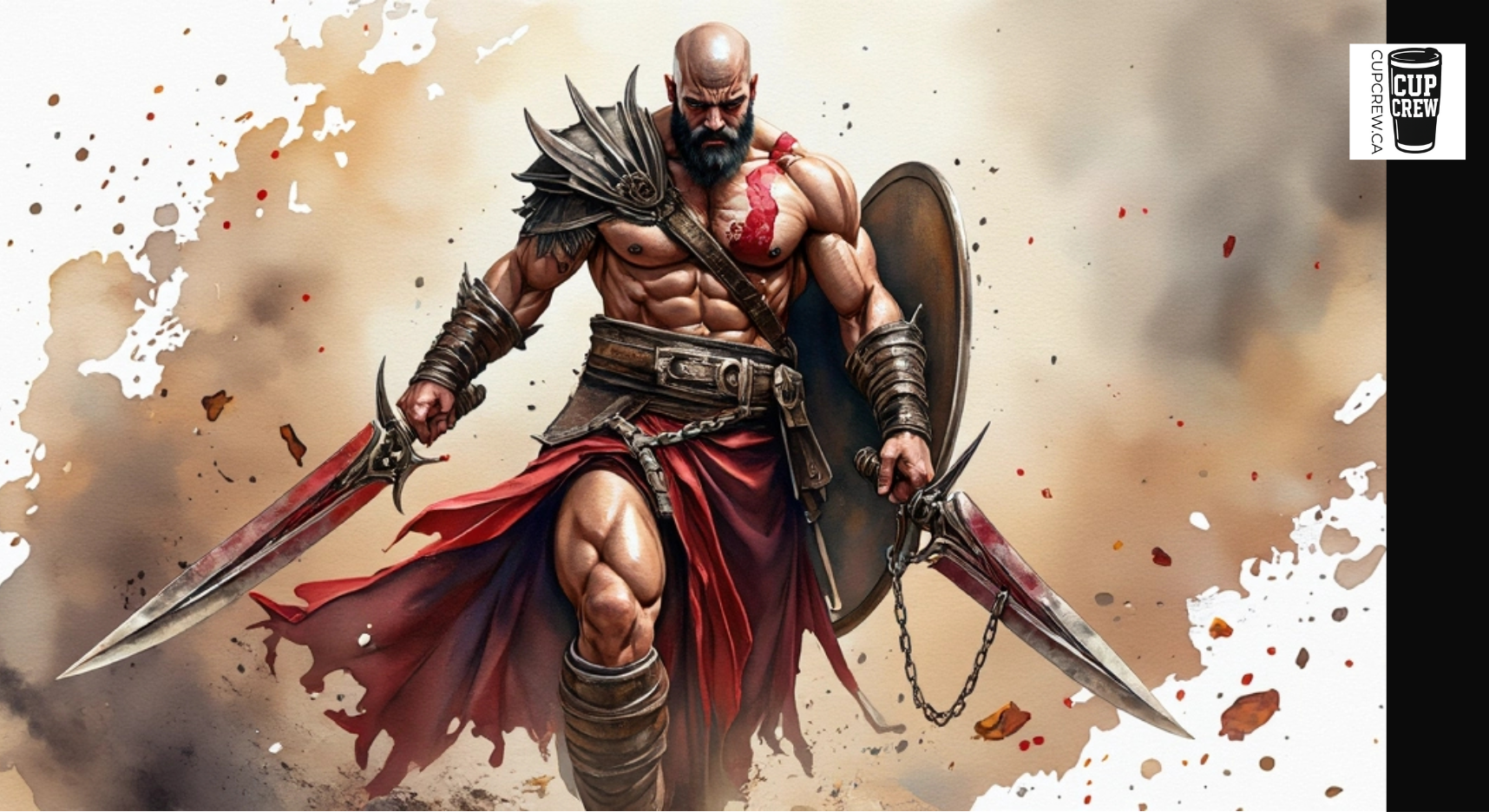 A muscular warrior in red armor and wielding two swords stands amidst a chaotic backdrop of smoke and debris.