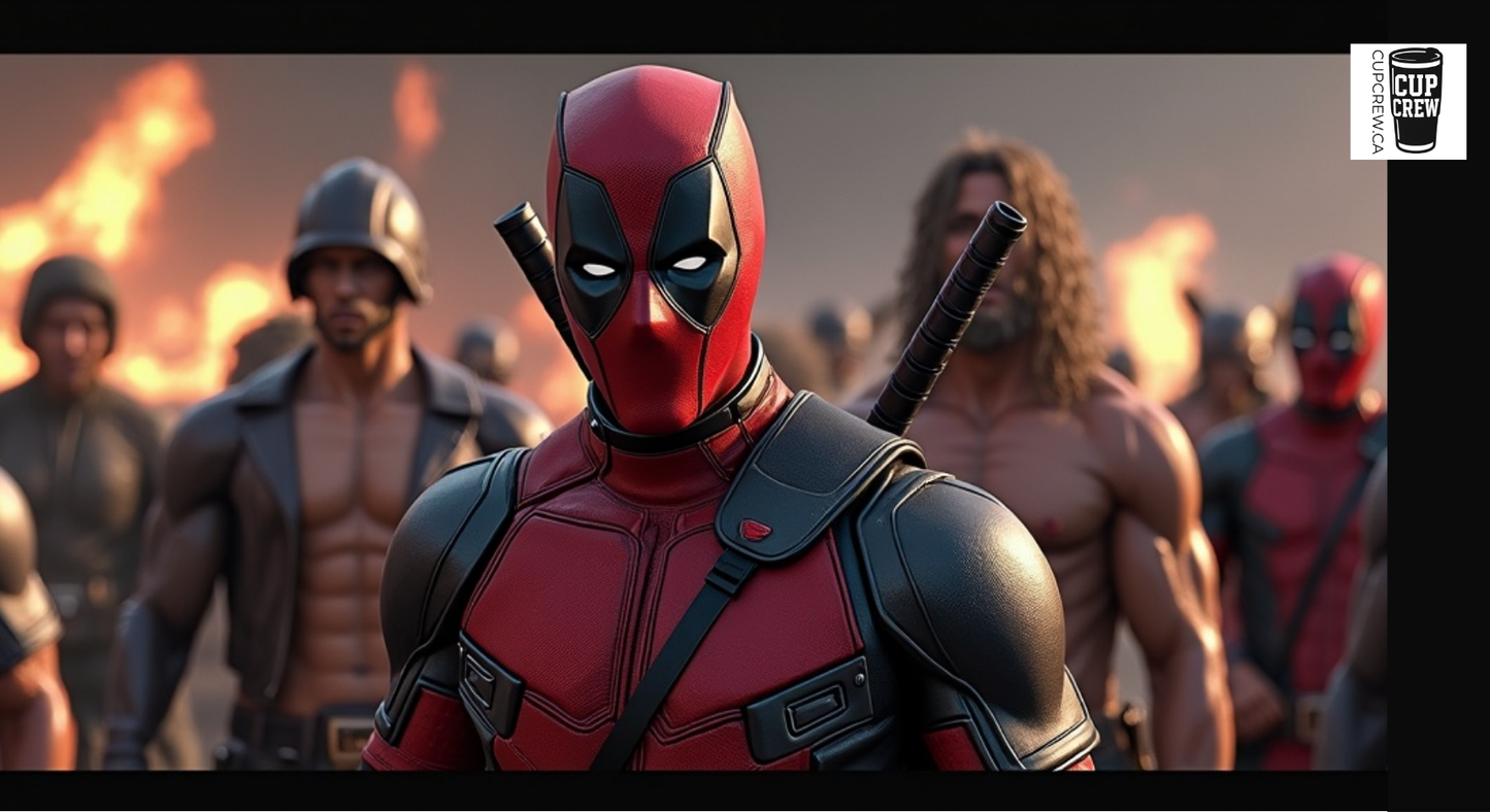 A close-up of a character in a red and black costume, with a serious expression on their face, surrounded by other characters in the background.
