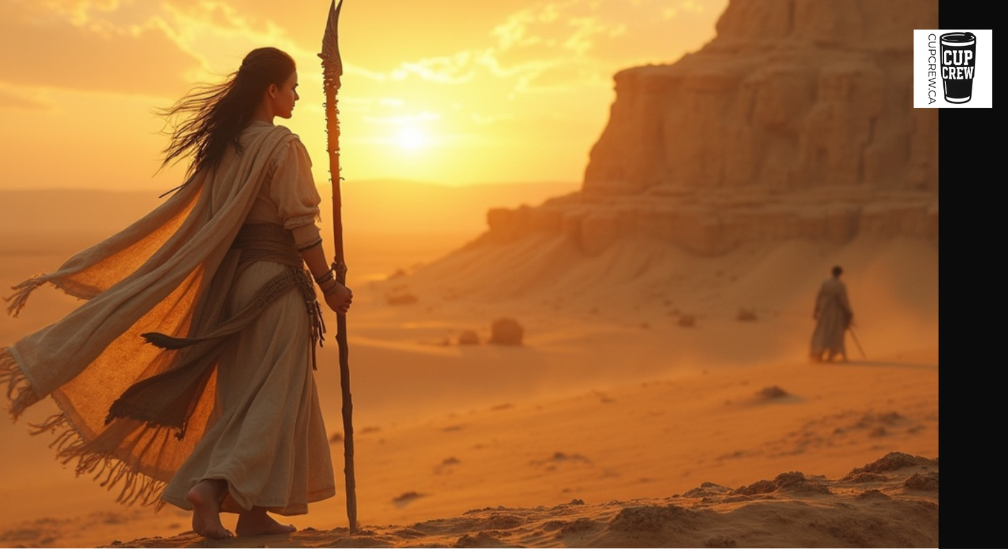 A woman in a long robe stands on a sandy desert landscape, holding a spear and gazing towards a distant cliff at sunset.