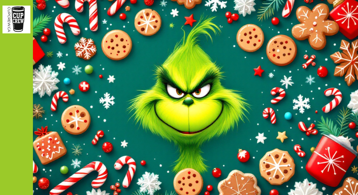 A collage of various Christmas-themed items, including cookies, candy canes, snowflakes, and other festive decorations, surrounding the Grinch's face.