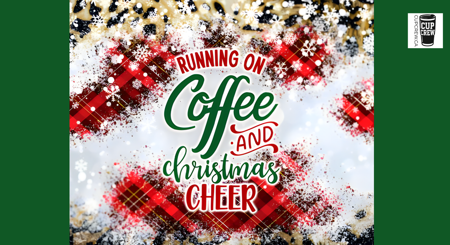 The image is a collage featuring a festive Christmas-themed background with snowflakes and red plaid patterns. The central focus is a large text that reads "RUNNING ON COFFEE AND CHRISTMAS CHEER" in a stylized font.