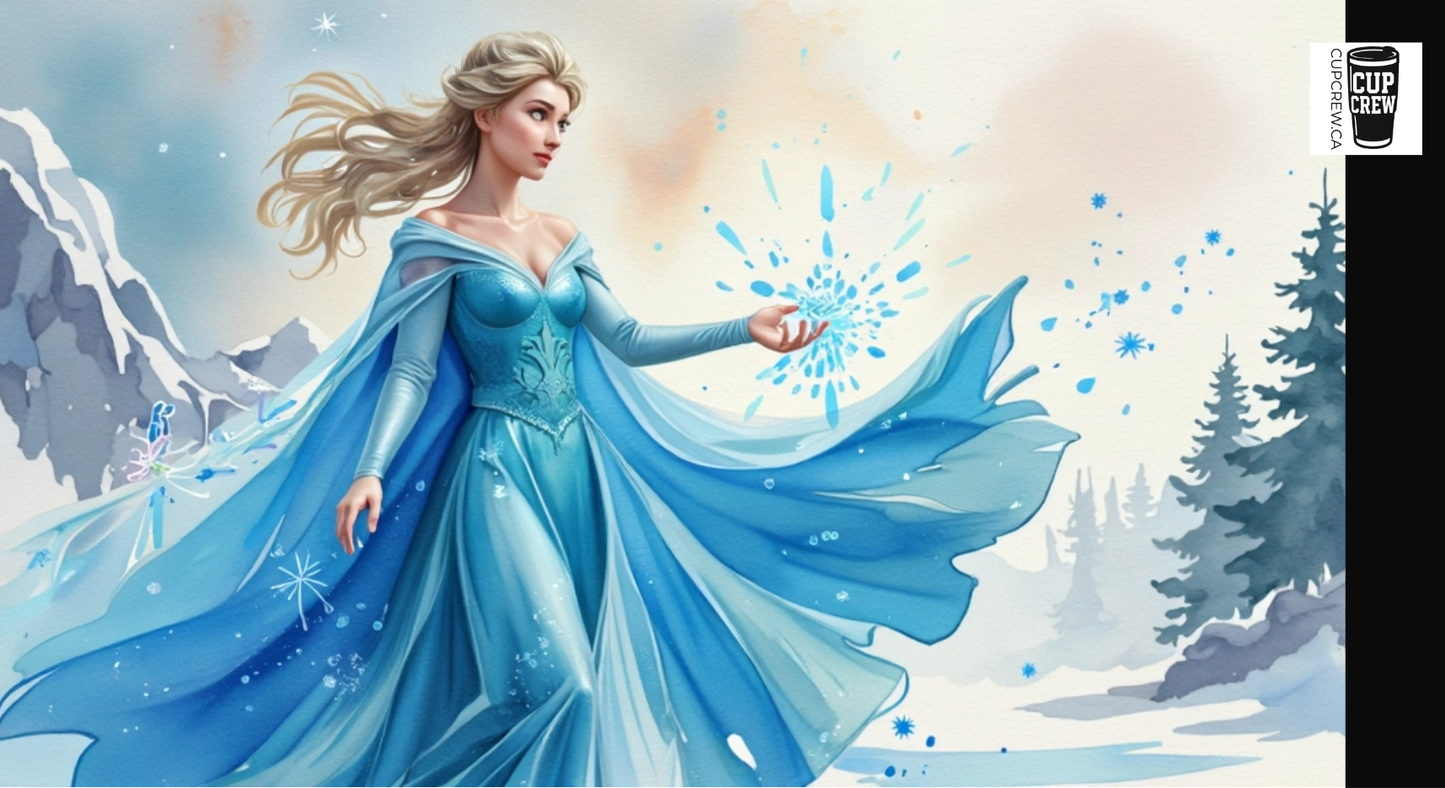 A woman in a flowing blue dress stands in a snowy landscape, surrounded by snowflakes and pine trees.