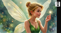 A digital illustration of a young woman with blonde hair and a green dress, wearing fairy wings, holding a star in her hand against a background of sparkling lights.