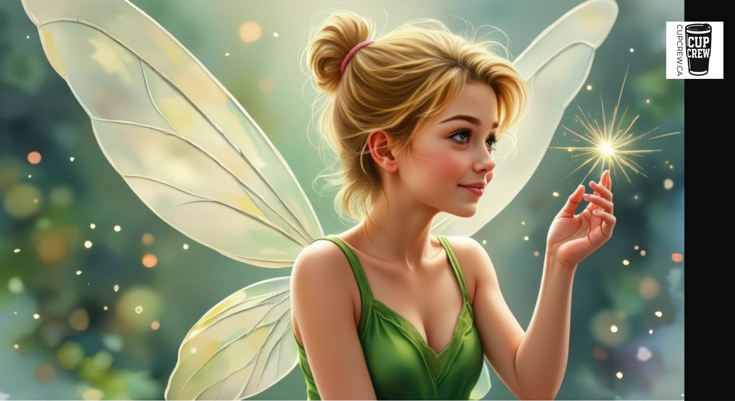 A digital illustration of a young woman with blonde hair and a green dress, wearing fairy wings, holding a star in her hand against a background of sparkling lights.