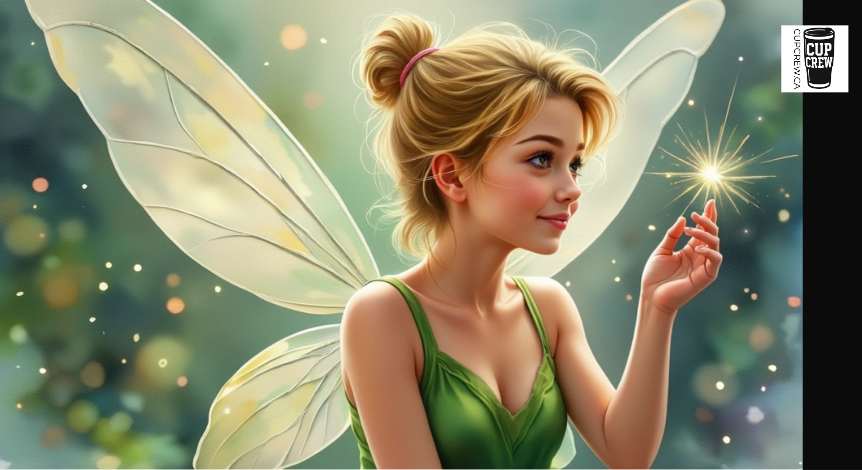 A digital illustration of a young woman with blonde hair and a green dress, wearing fairy wings, holding a star in her hand against a background of sparkling lights.
