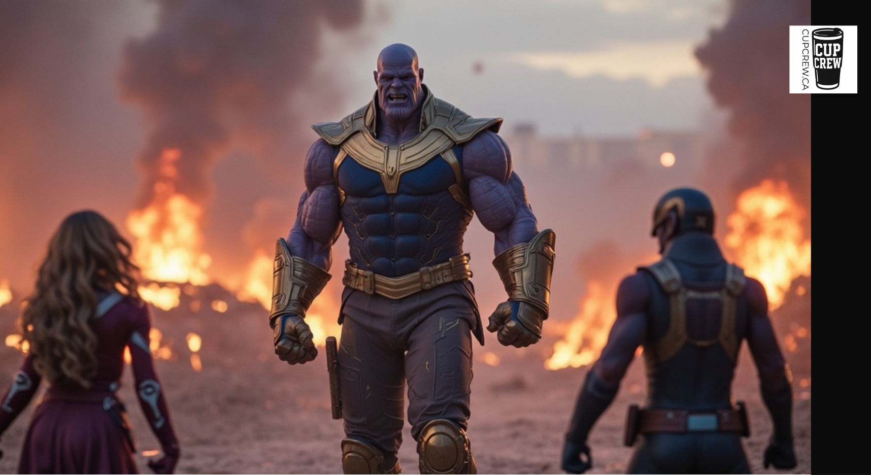 A muscular Thanos figure stands in the foreground, with two other figures, one of whom appears to be a woman, in the background. The scene takes place in a burning area, with flames visible in the background.
